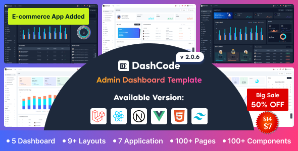 DashCode – React, Vuejs, NextJs, Laravel, HTML,Tailwind Dashboard Template 1.0.1
