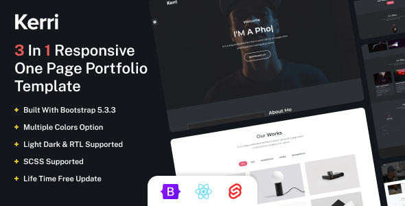 Kerri 1.0.0 – Responsive Bootstrap 5, React & Svelte One Page Portfolio Template