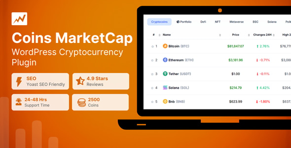 Coins MarketCap - WordPress Cryptocurrency Plugin — CodeCanyon > WordPress > Widgets preview