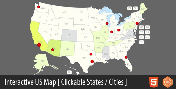 Interactive US Map - Clickable States / Cities — CodeCanyon > HTML5 > Media preview